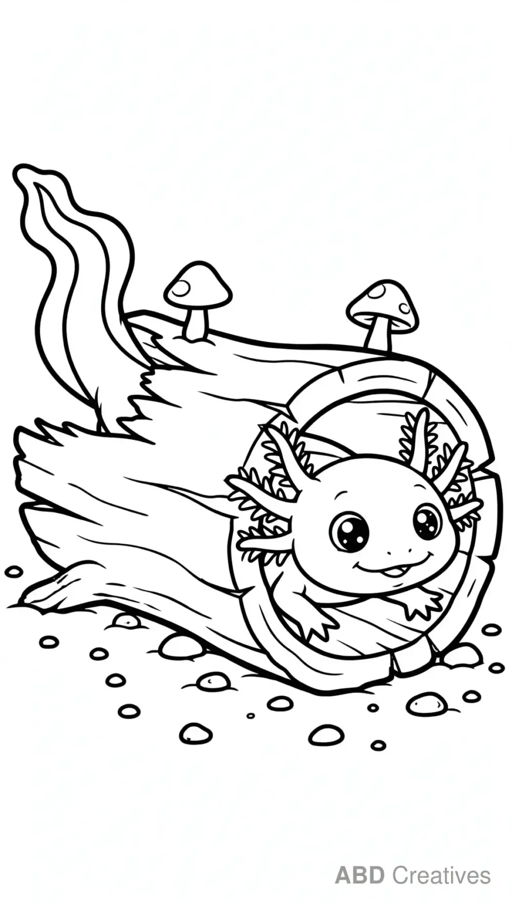 Axolotl Exploring a Sunken Log Coloring Page