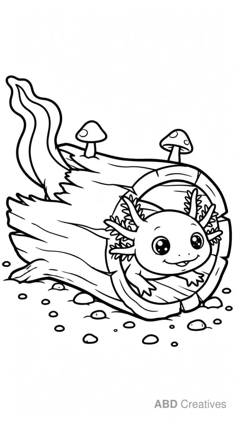 Axolotl Exploring a Sunken Log Coloring Page