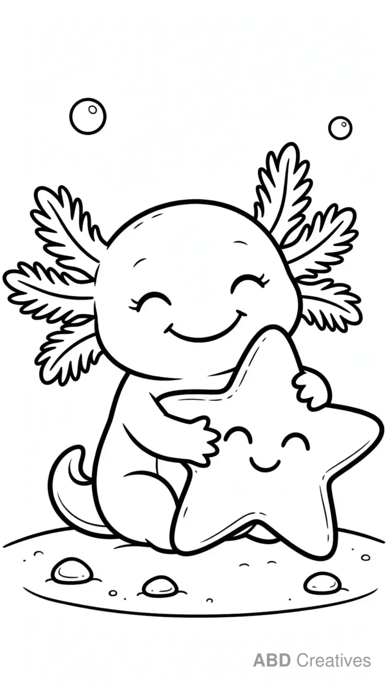 Axolotl Hugging a Starfish Coloring Page