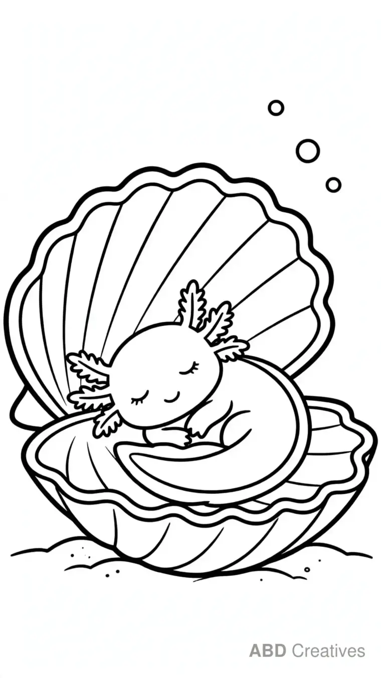 Axolotl Napping Inside a Shell Coloring Page