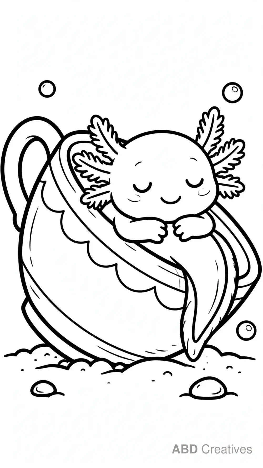 Axolotl Resting on a Sunken Teacup Coloring Page