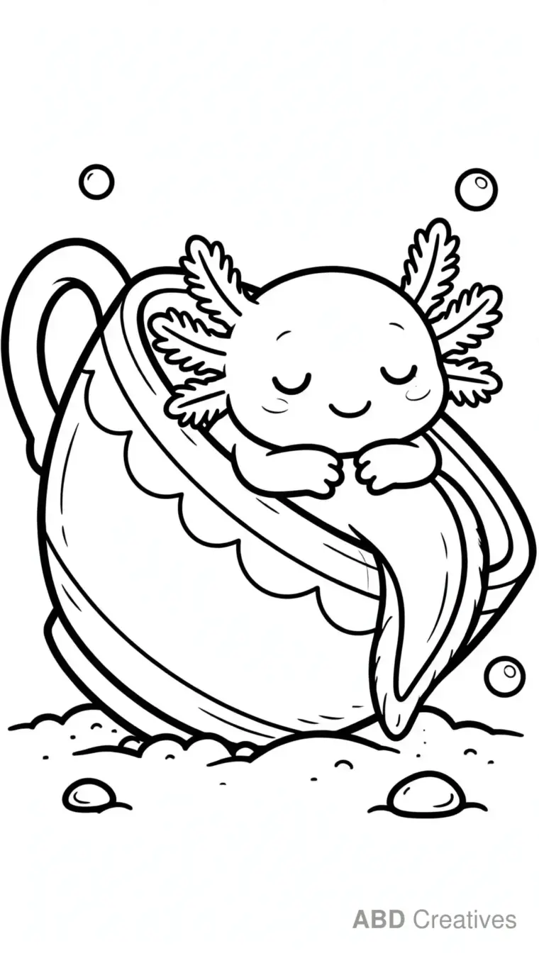 Axolotl Resting on a Sunken Teacup Coloring Page