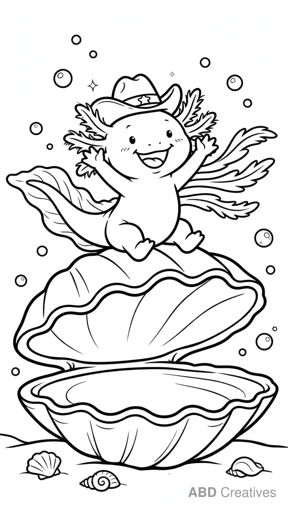 Axolotl Riding a Giant Clam Coloring Page
