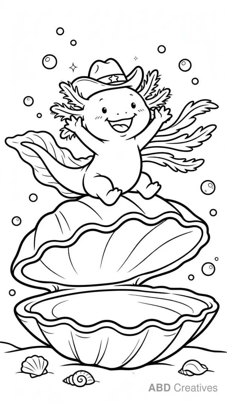 Axolotl Riding a Giant Clam Coloring Page