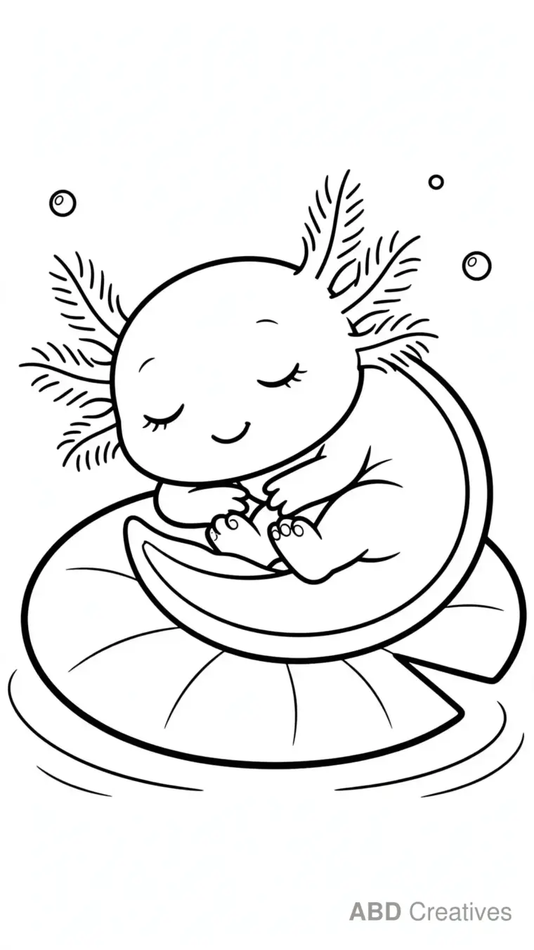 Axolotl Sleeping on a Lily Pad Coloring Page