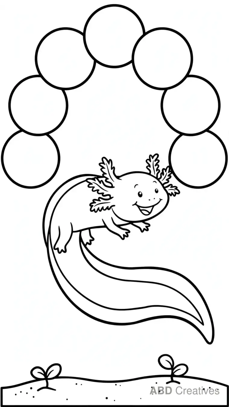 Axolotl Swimming Through a Bubble Arch Coloring Page