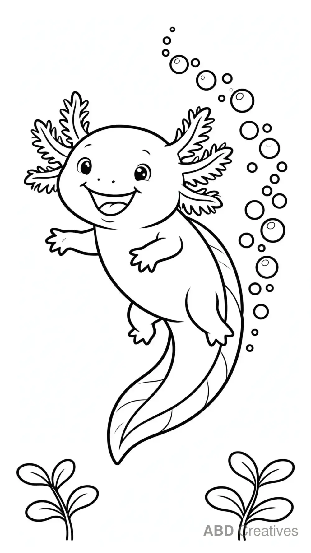 Axolotl Swimming with Bubbles Coloring Page