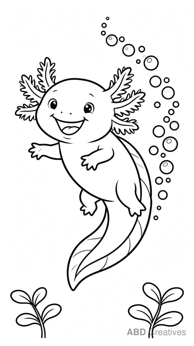 Axolotl Swimming with Bubbles Coloring Page