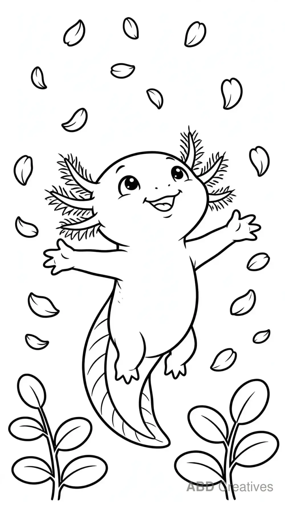 Axolotl Under a Waterfall of Petals Coloring Page