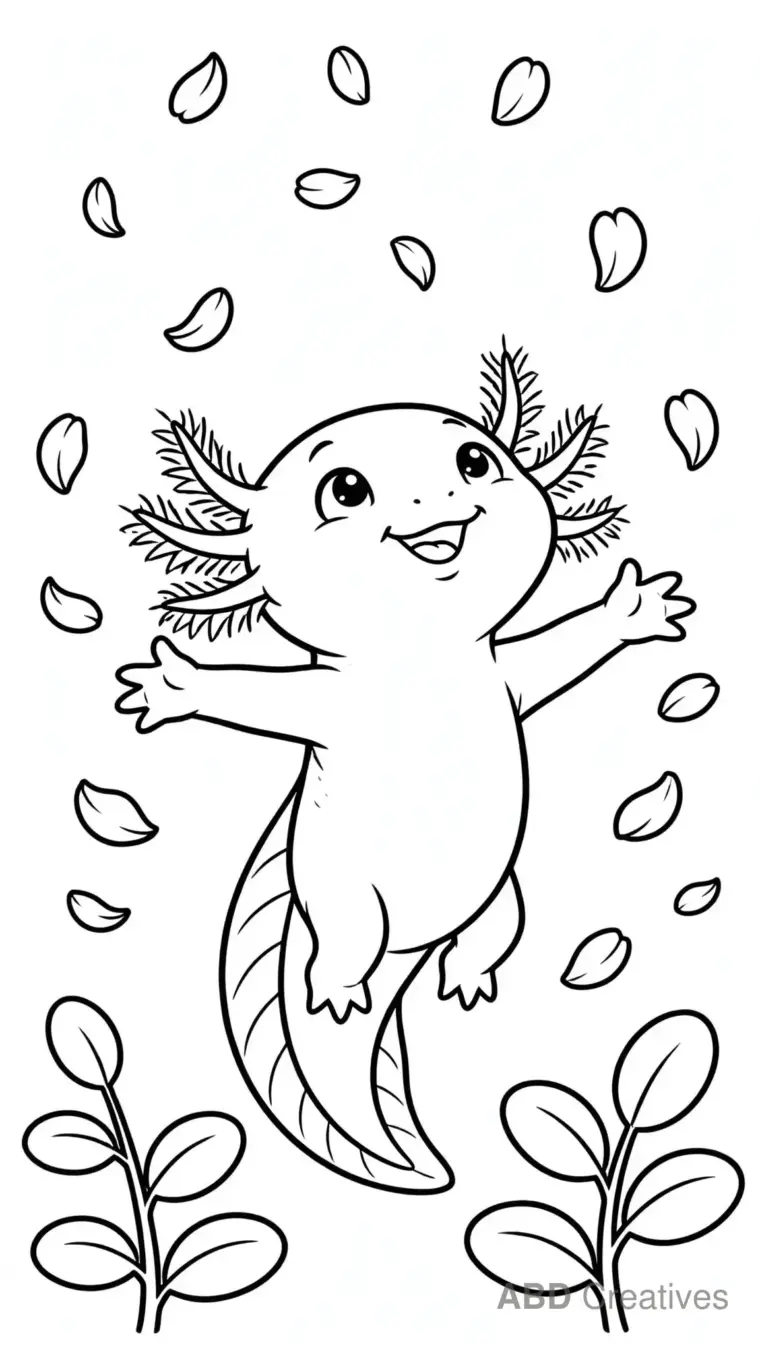 Axolotl Under a Waterfall of Petals Coloring Page