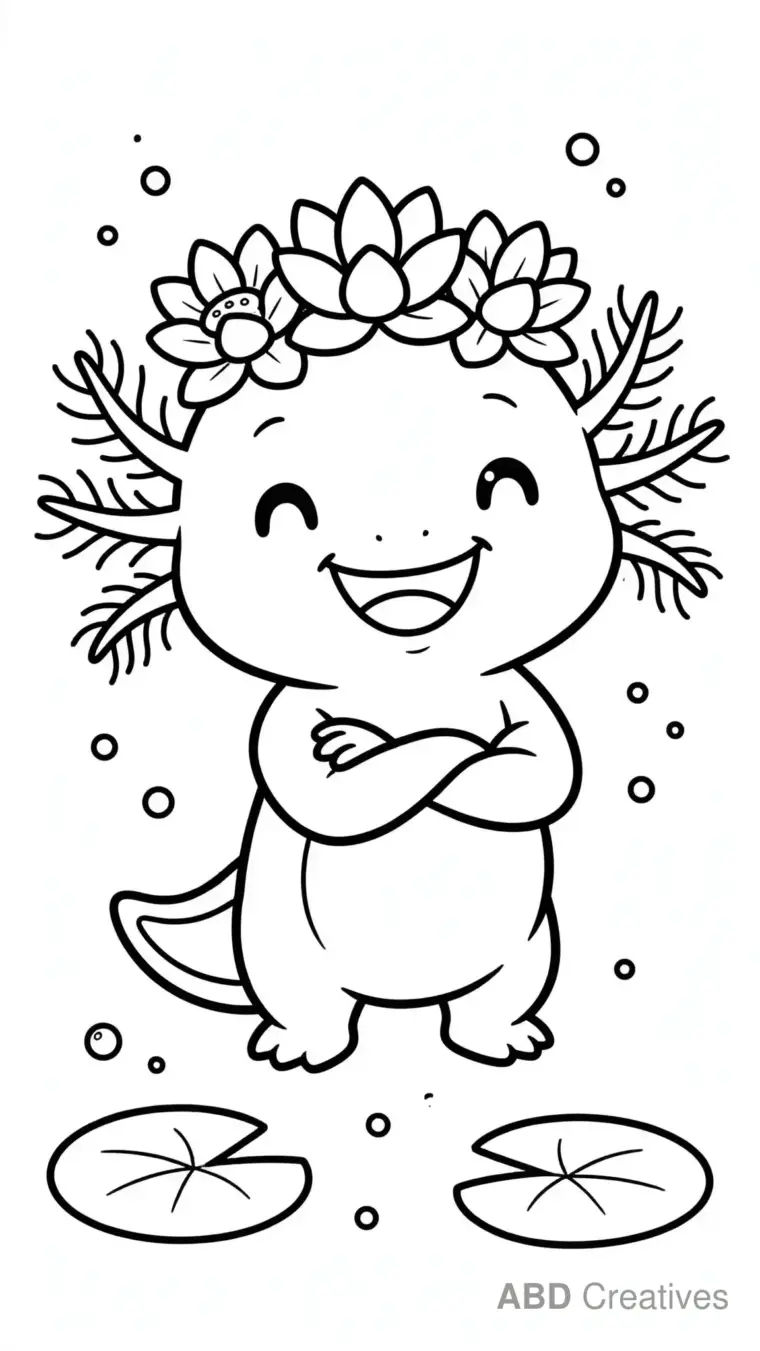 Axolotl Wearing a Water Lily Crown Coloring Page