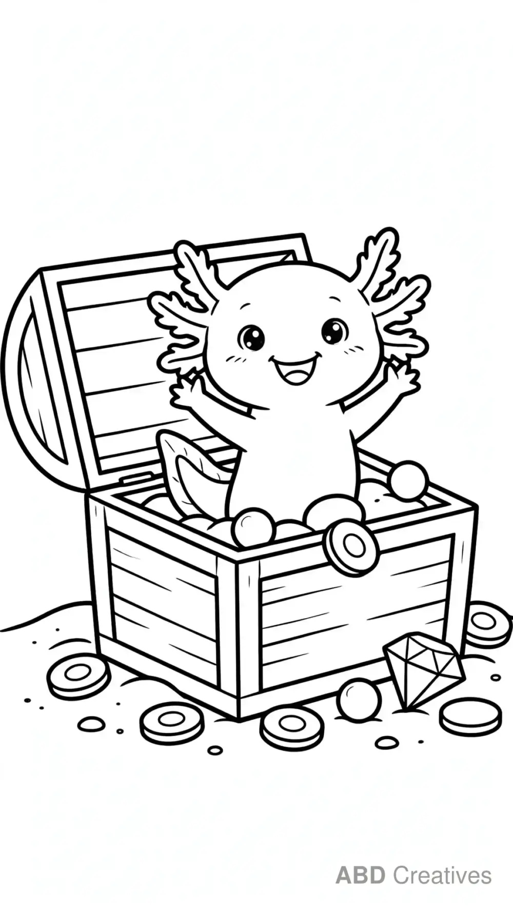 Axolotl in a Sunken Treasure Chest Coloring Page