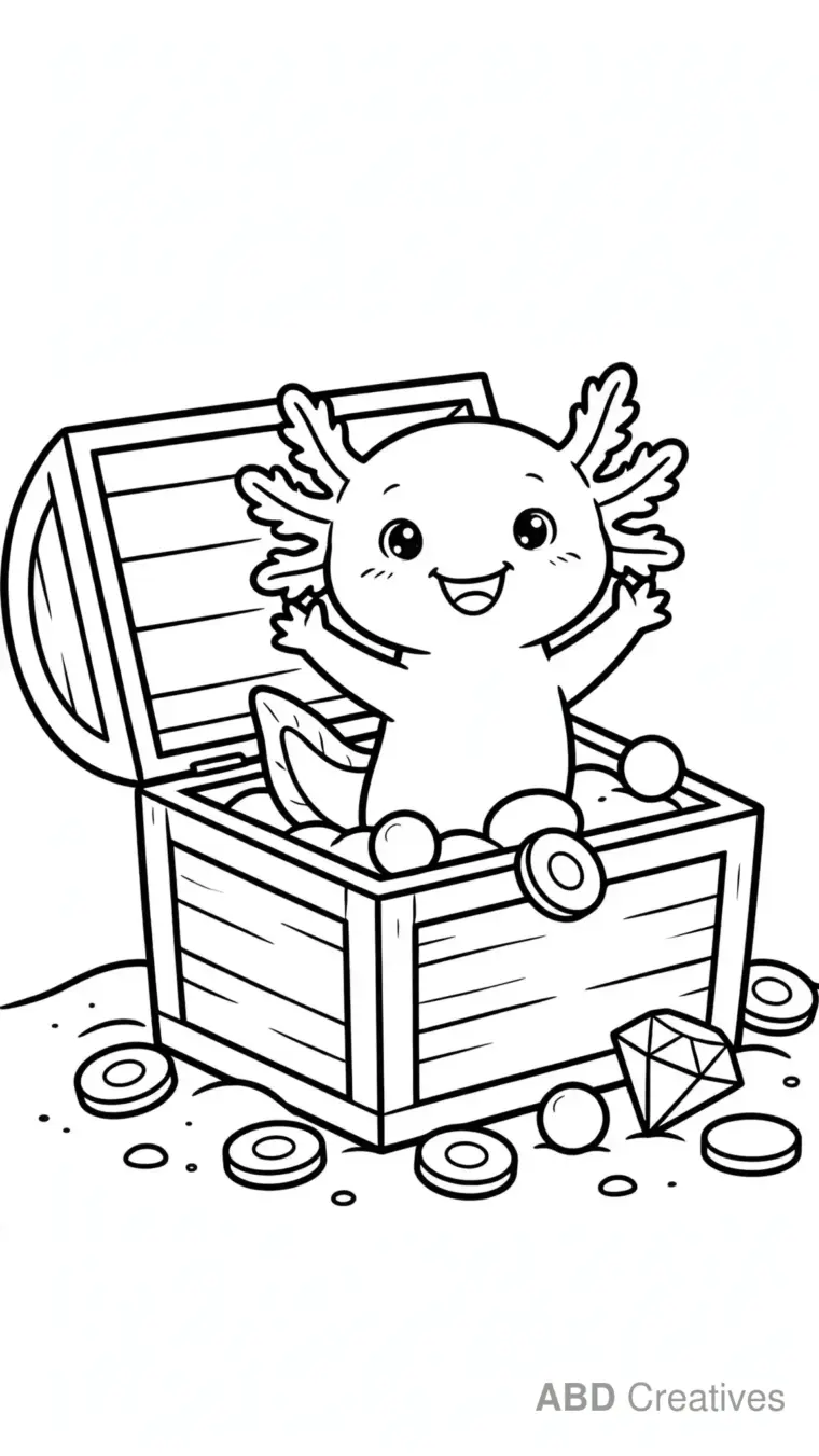 Axolotl in a Sunken Treasure Chest Coloring Page
