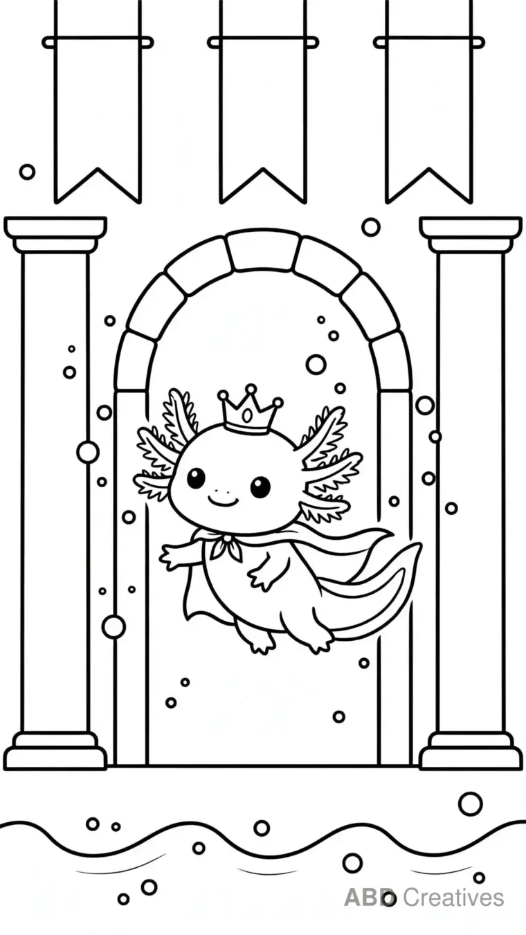 Axolotl in an Underwater Palace Hall Coloring Page