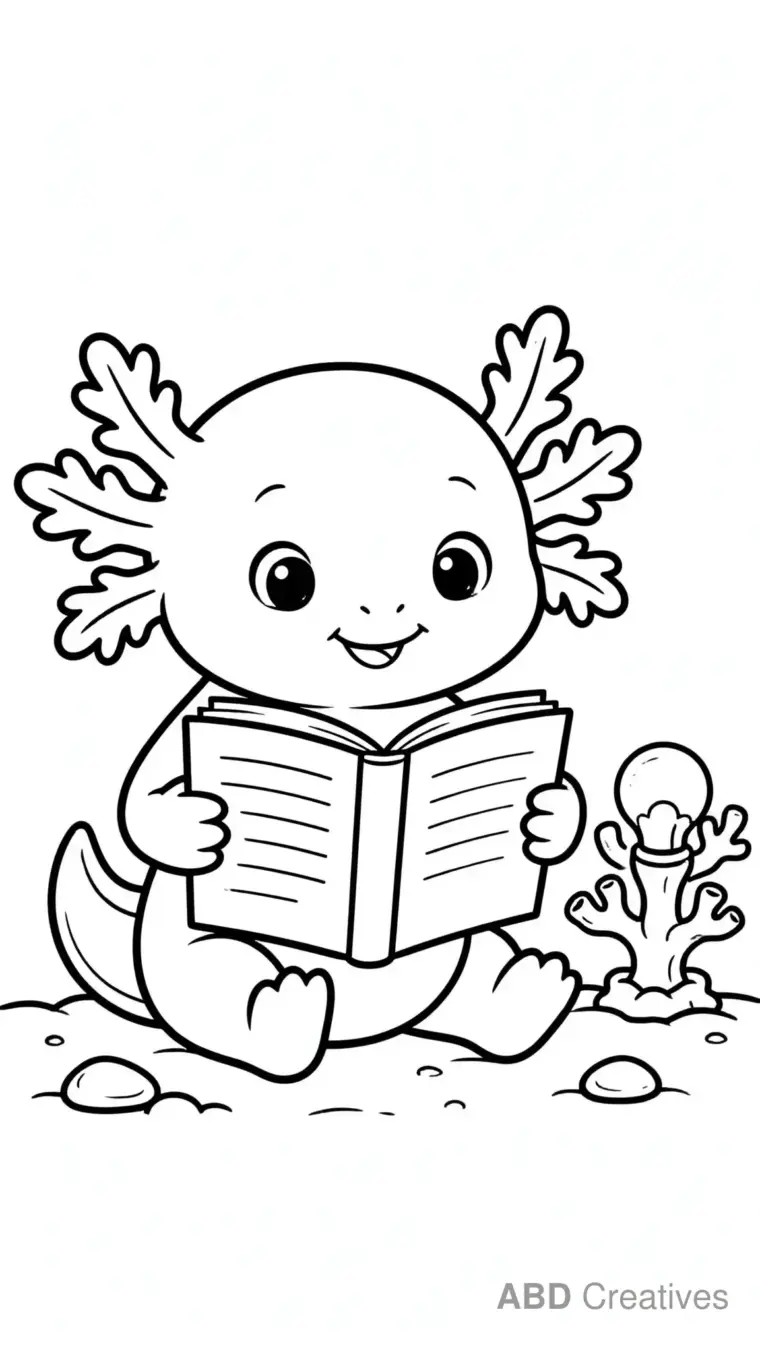 Axolotl with a Book on the Seabed Coloring Page