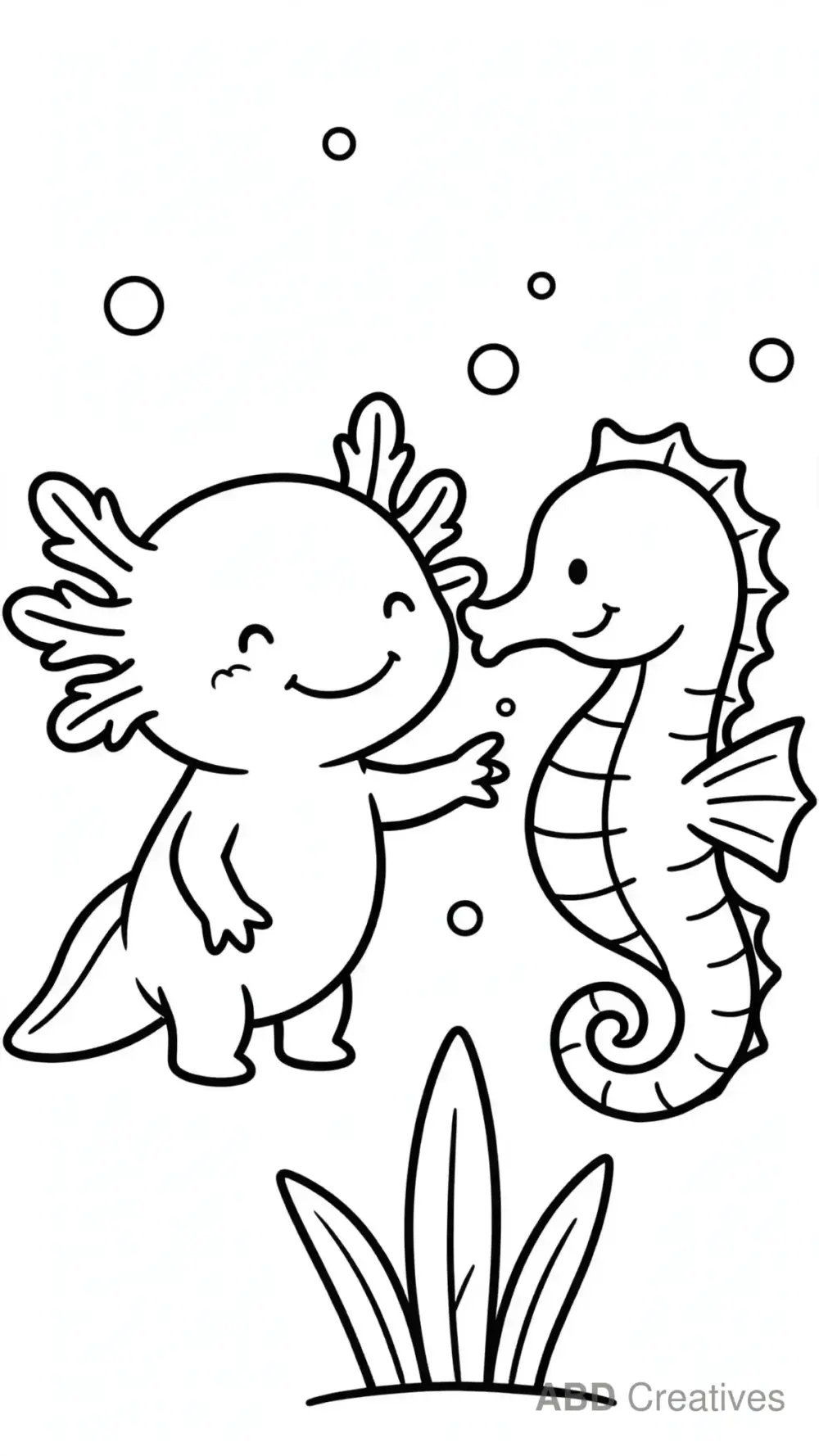 Axolotl with a Friendly Seahorse Coloring Page
