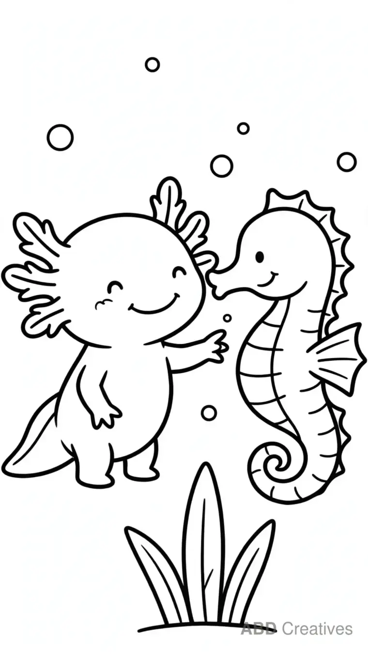 Axolotl with a Friendly Seahorse Coloring Page