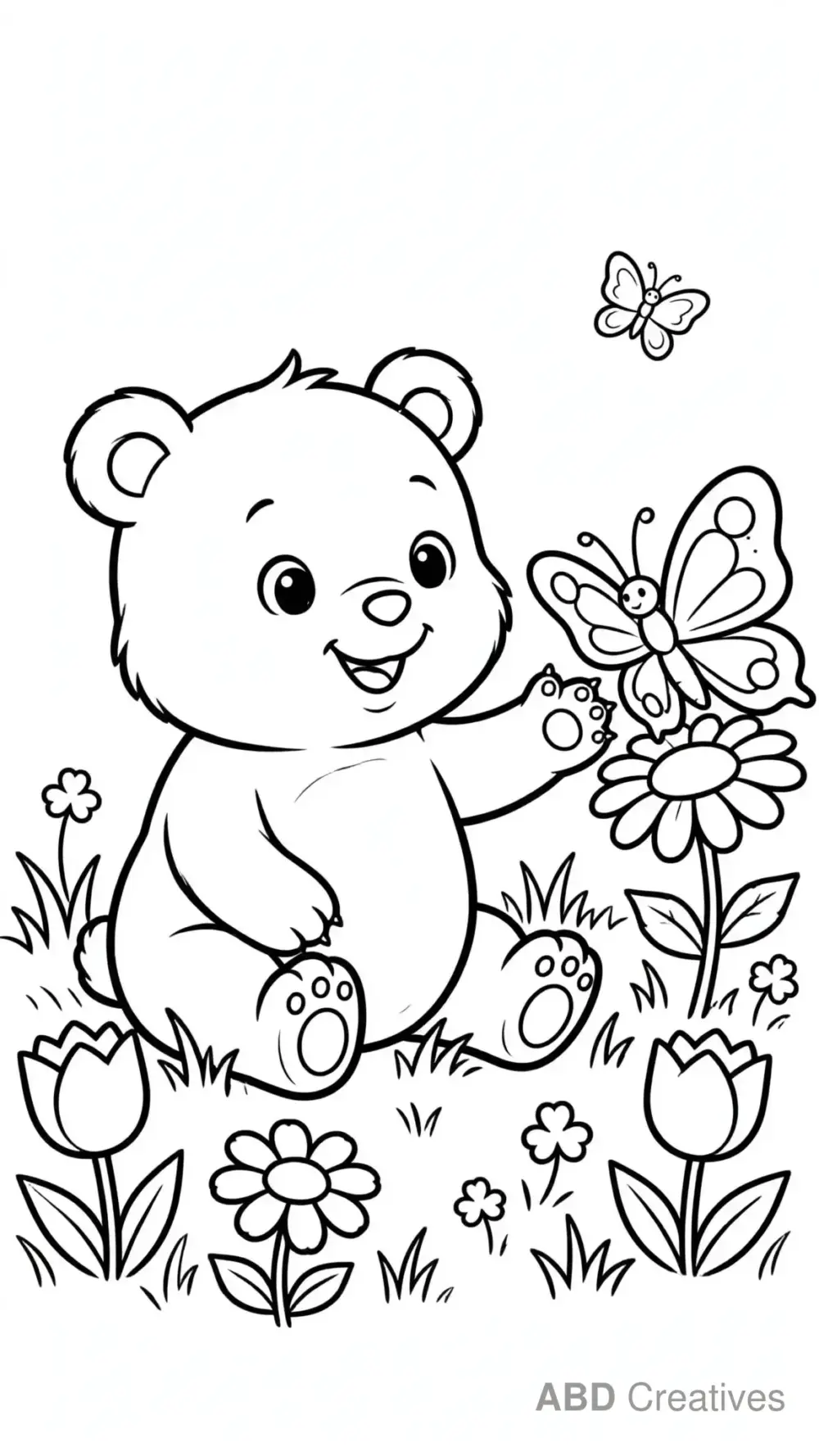 Baby Bear Playing with a Butterfly Coloring Page
