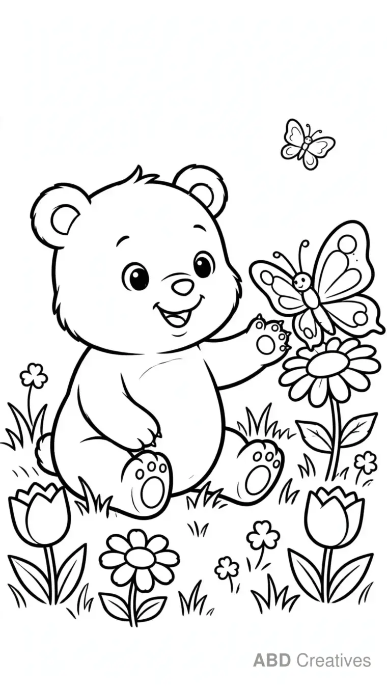 Baby Bear Playing with a Butterfly Coloring Page