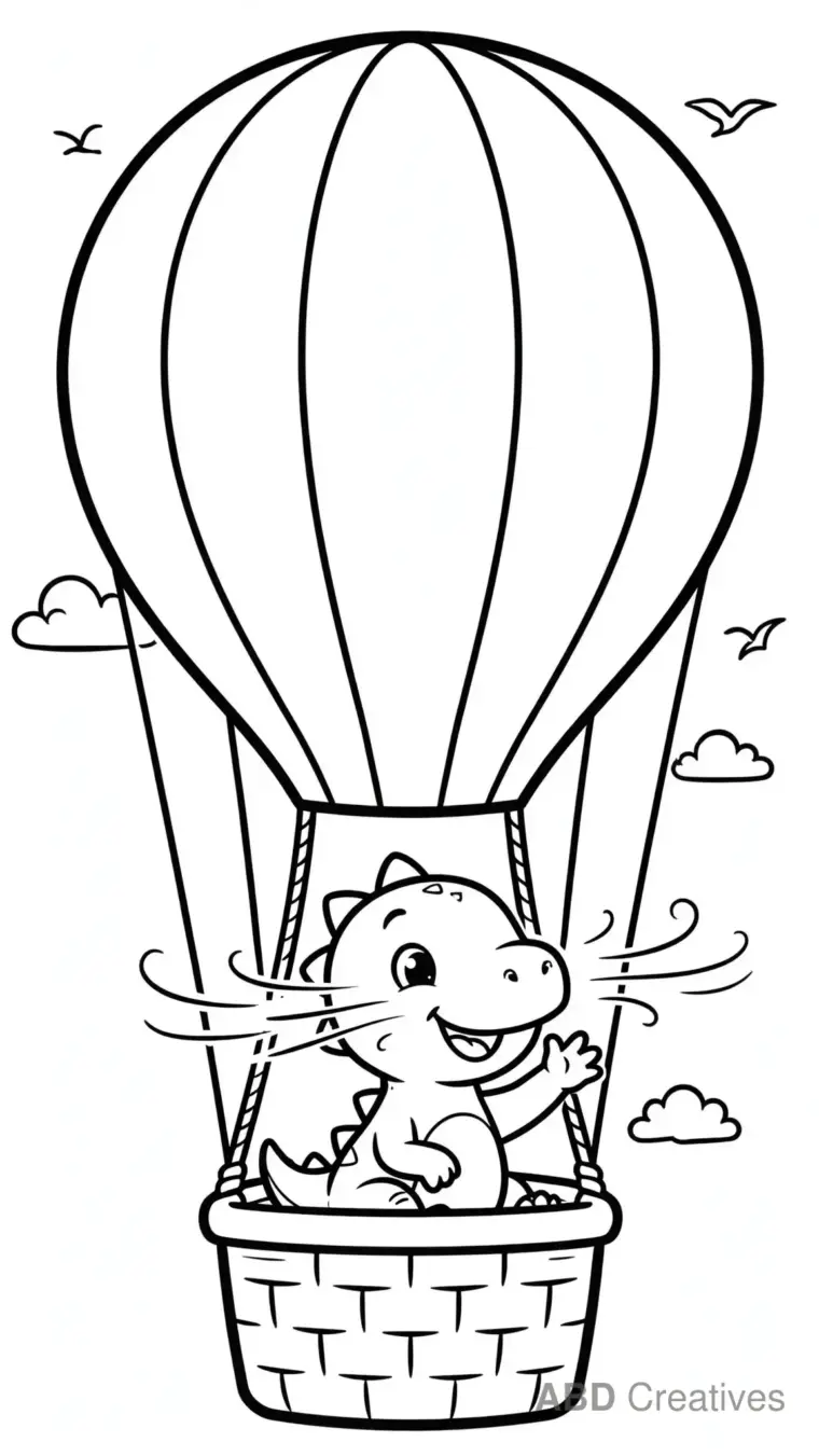 Baby Dino in a Hot Air Balloon Coloring Page