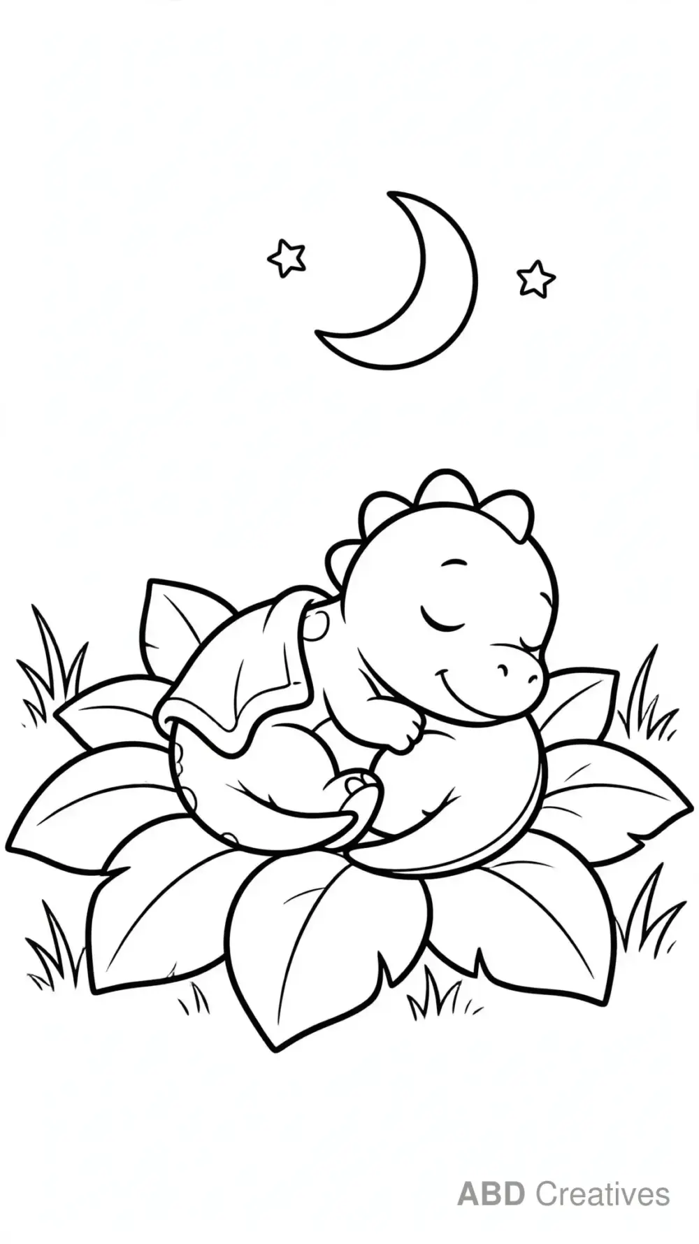 Baby Dinosaur Sleeping on a Leaf Bed Coloring Page