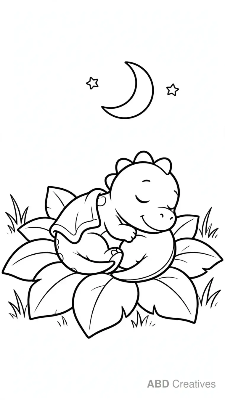 Baby Dinosaur Sleeping on a Leaf Bed Coloring Page
