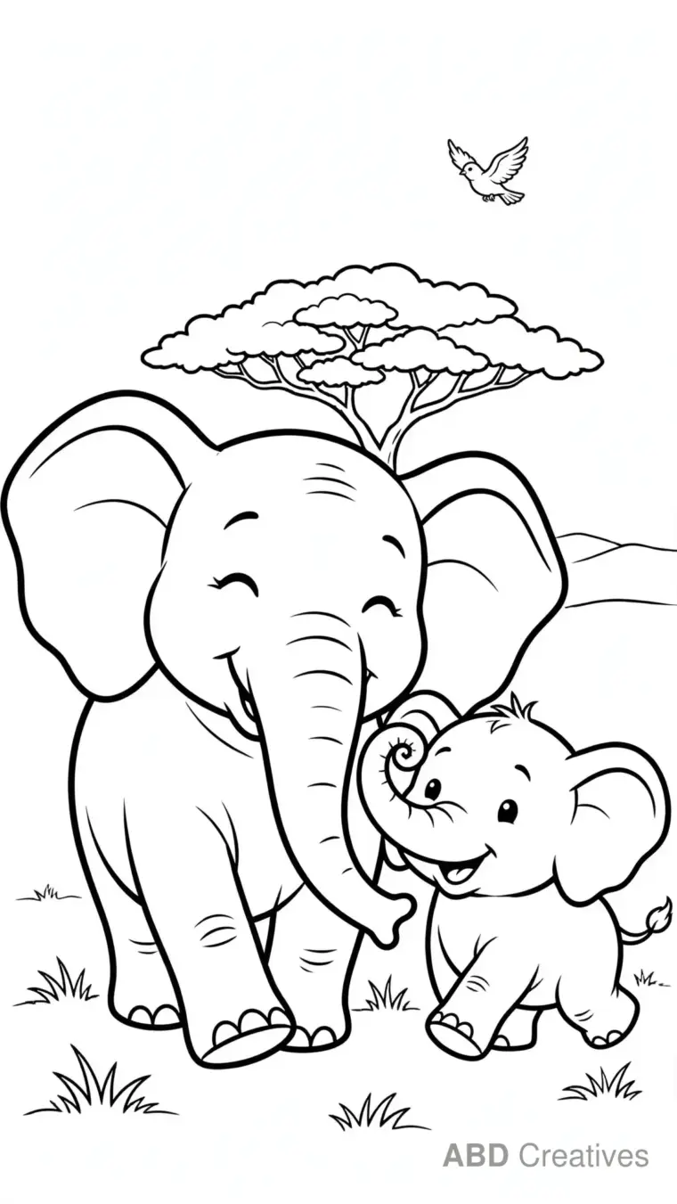 Baby Elephant with Mother Coloring Page