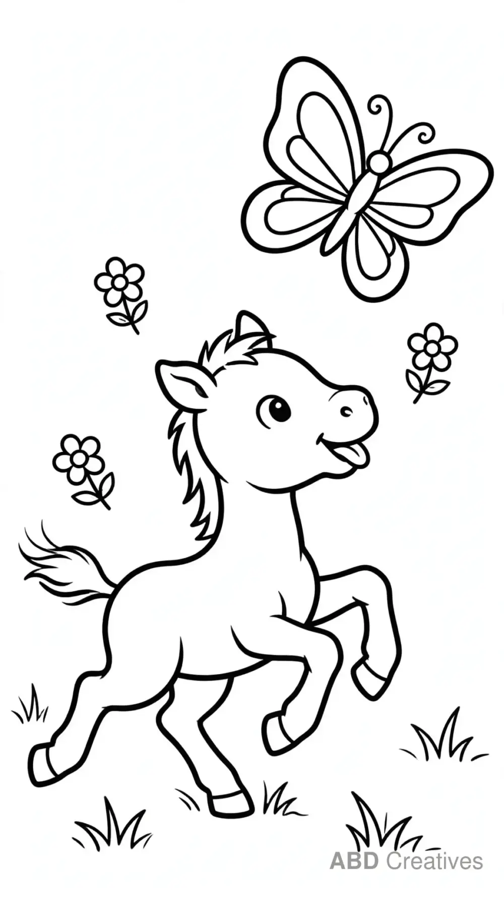 Baby Foal Chasing a Butterfly Coloring Page