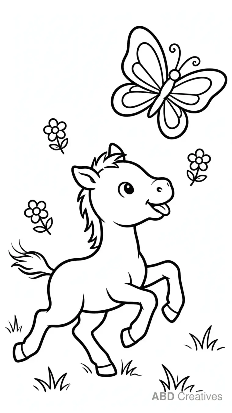 Baby Foal Chasing a Butterfly Coloring Page