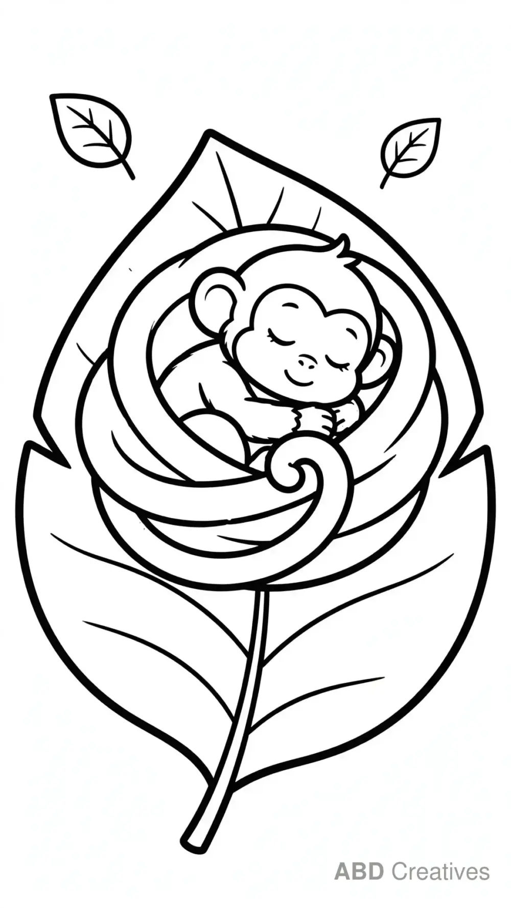 Baby Monkey Sleeping on a Leaf Coloring Page