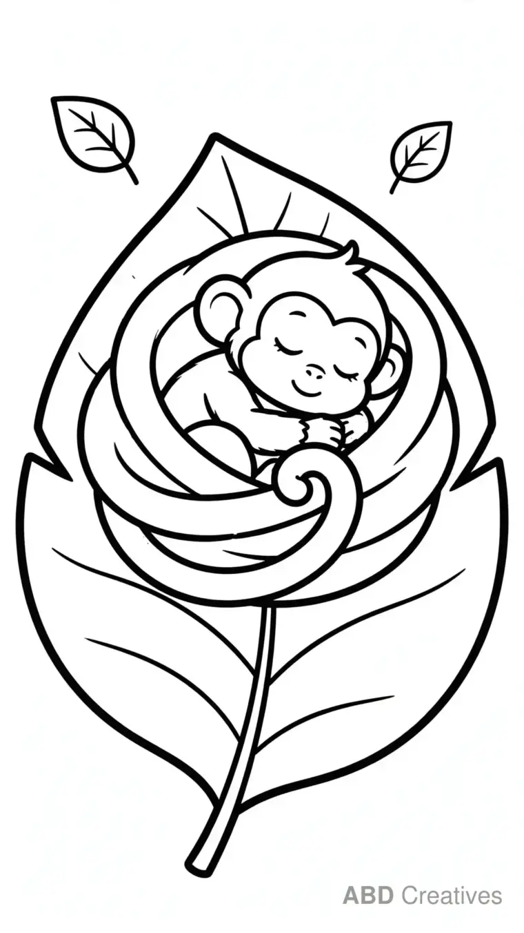 Baby Monkey Sleeping on a Leaf Coloring Page