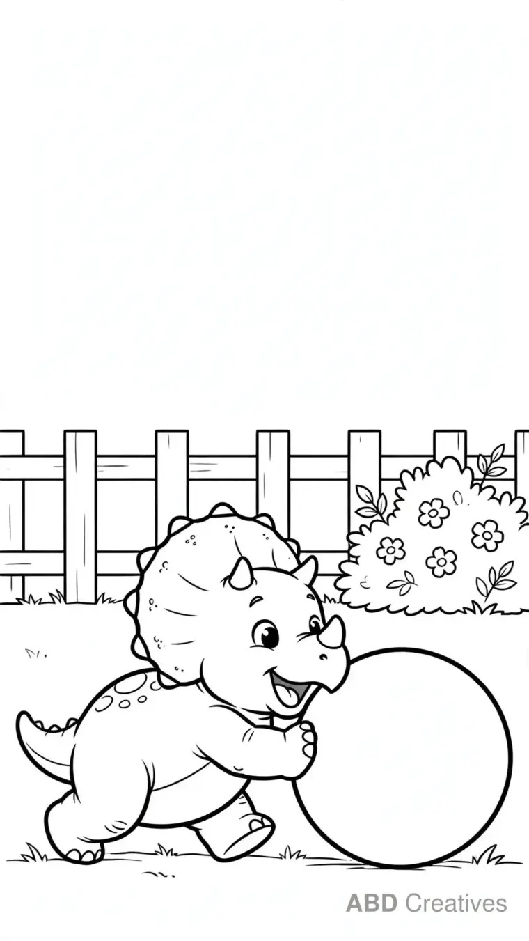 Baby Triceratops Playing with a Ball Coloring Page