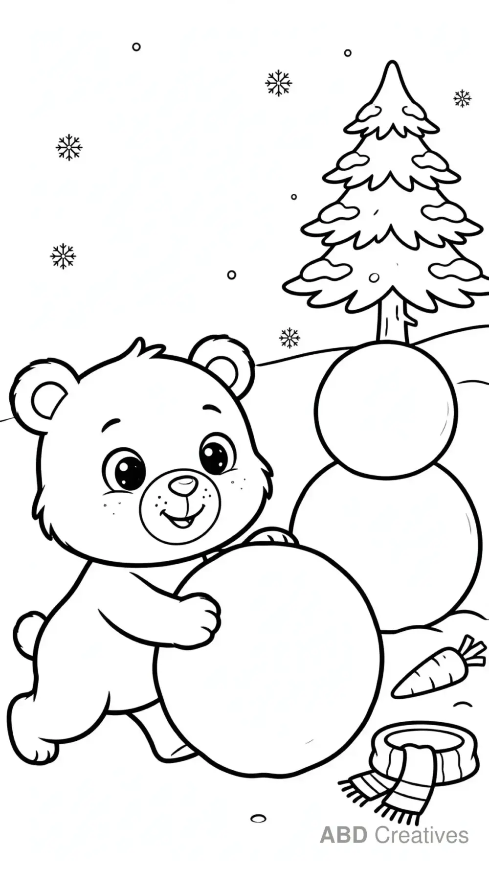 Bear Building a Snowman Coloring Page
