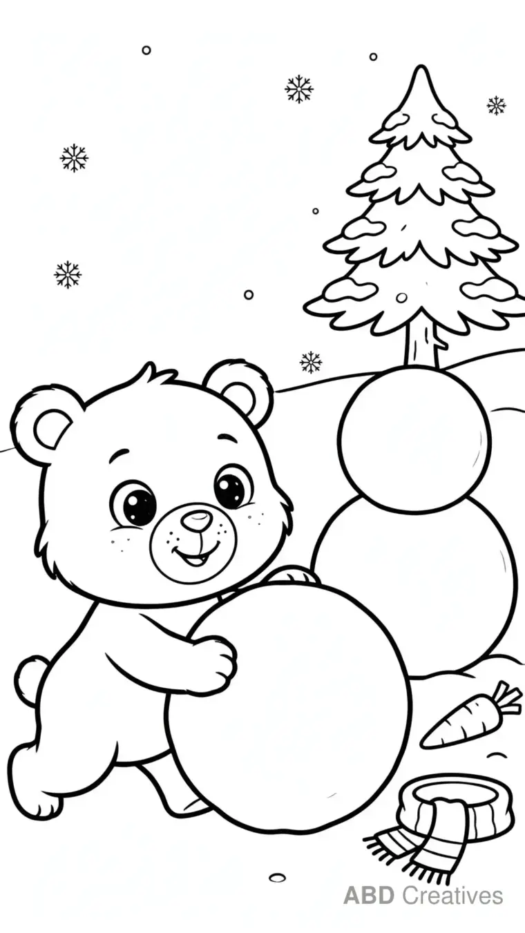 Bear Building a Snowman Coloring Page