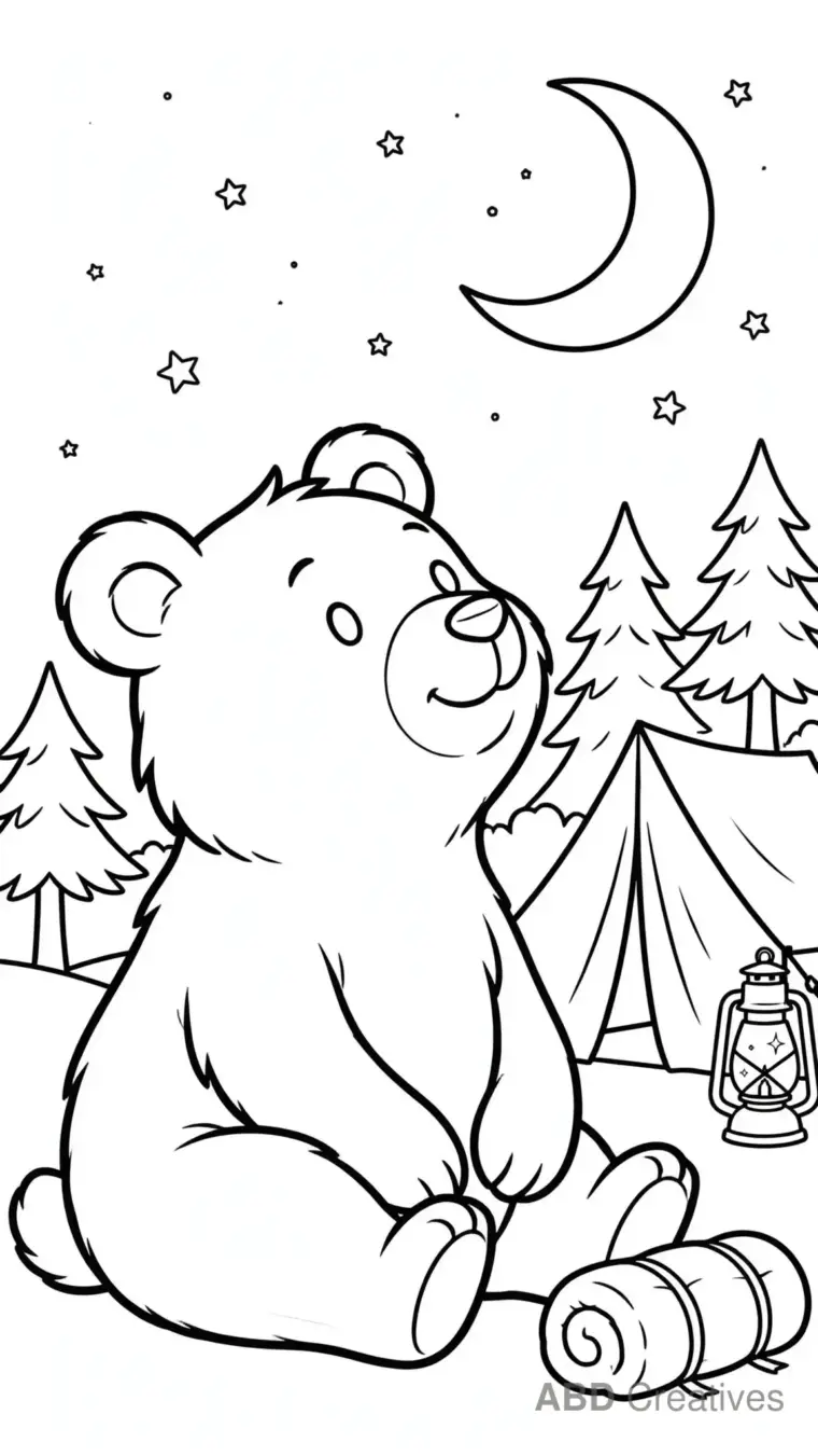 Bear Camping Under the Stars Coloring Page