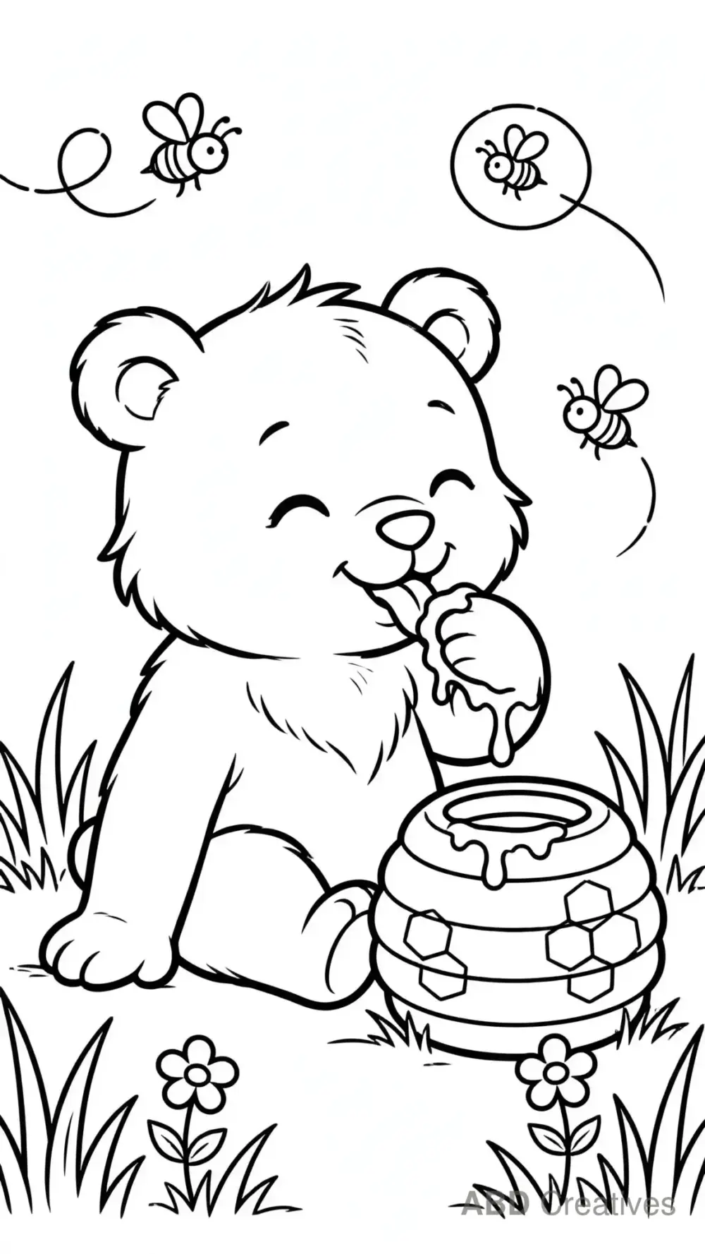 Bear Cub Eating Honey from a Beehive Coloring Page