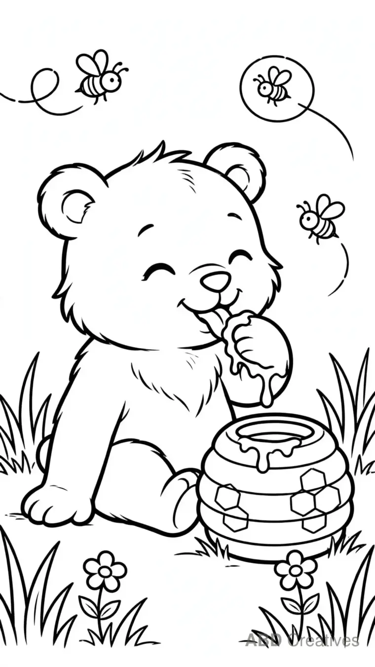 Bear Cub Eating Honey from a Beehive Coloring Page