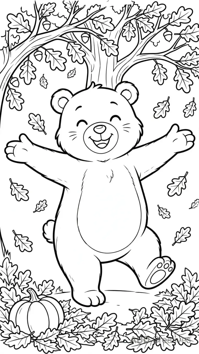 Bear Dancing in Autumn Leaves Coloring Page