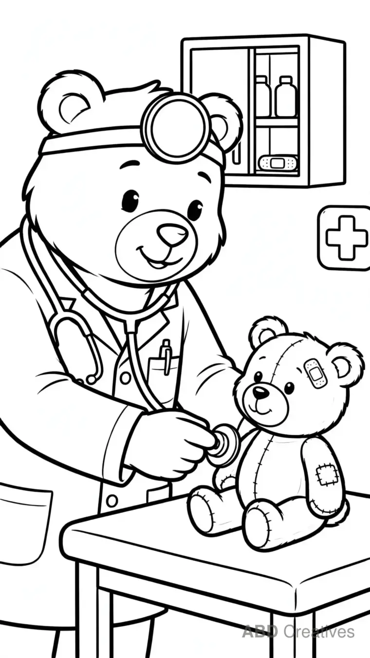 Bear Doctor with a Stethoscope Coloring Page