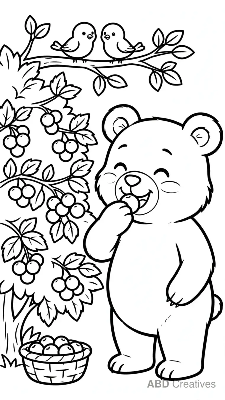 Bear Eating Berries from a Bush Coloring Page
