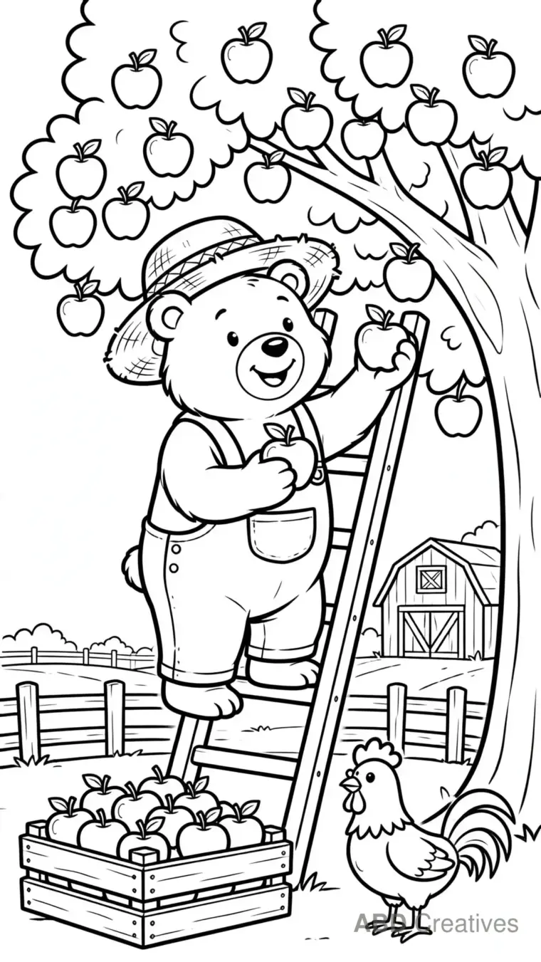 Bear Farmer Harvesting Apples Coloring Page