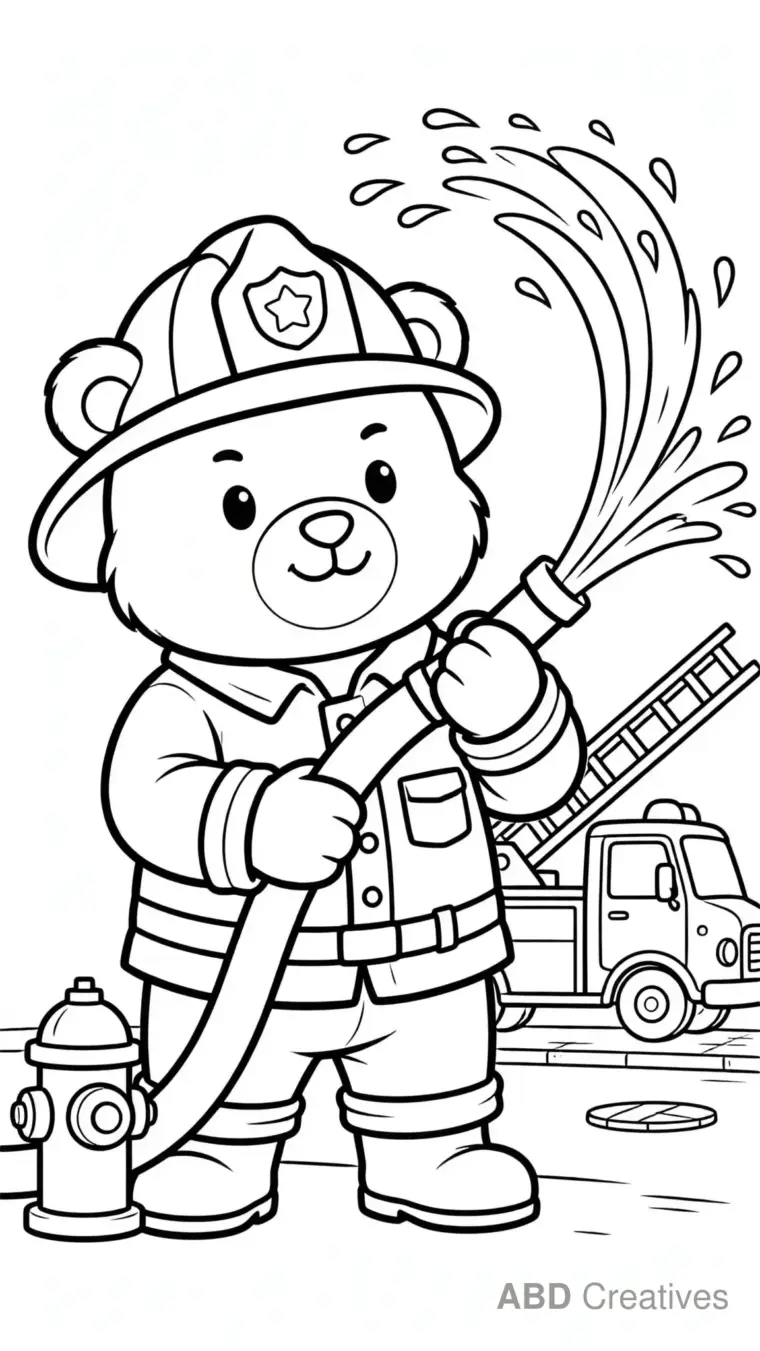 Bear Firefighter with a Hose Coloring Page