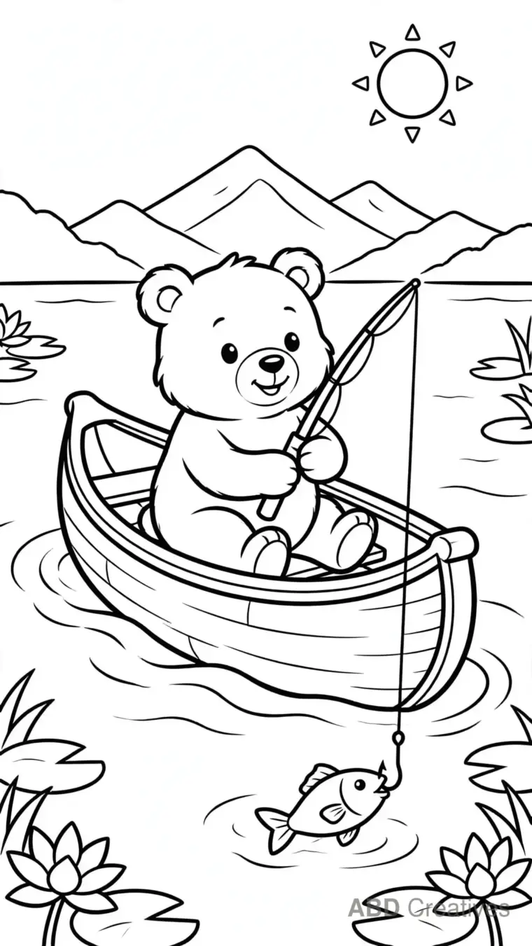 Bear Fishing from a Canoe Coloring Page