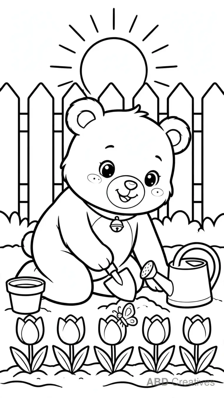 Bear Gardener Planting Flowers Coloring Page