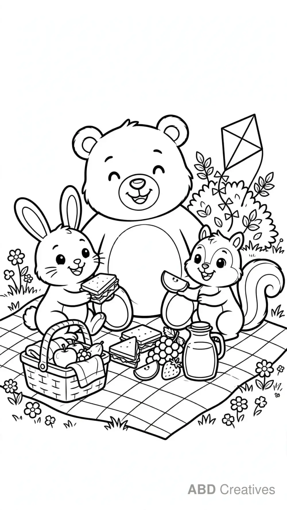 Bear Having a Picnic with Friends Coloring Page