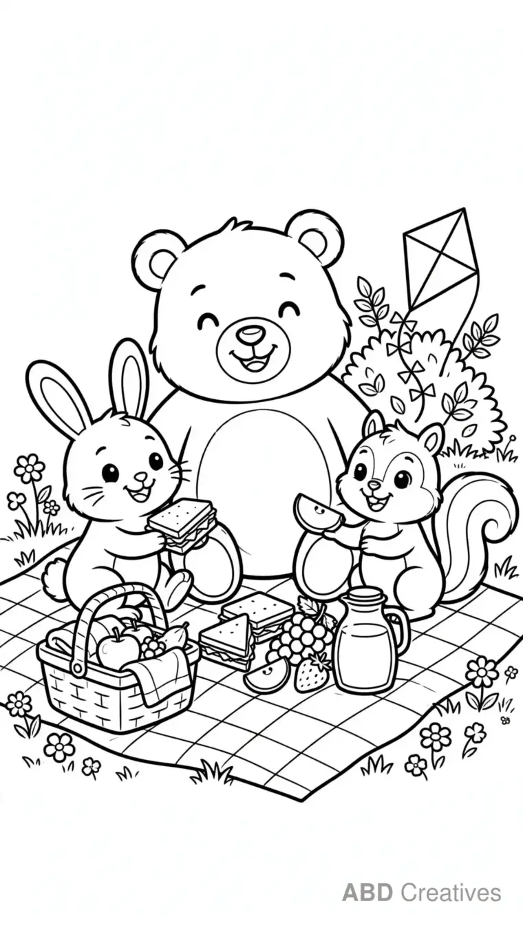 Bear Having a Picnic with Friends Coloring Page