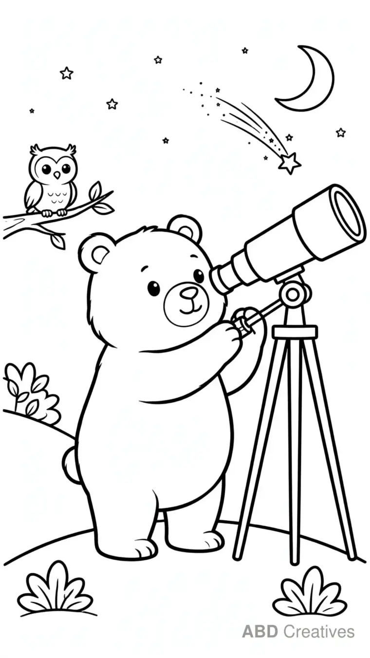 Bear Looking at the Stars with a Telescope Coloring Page