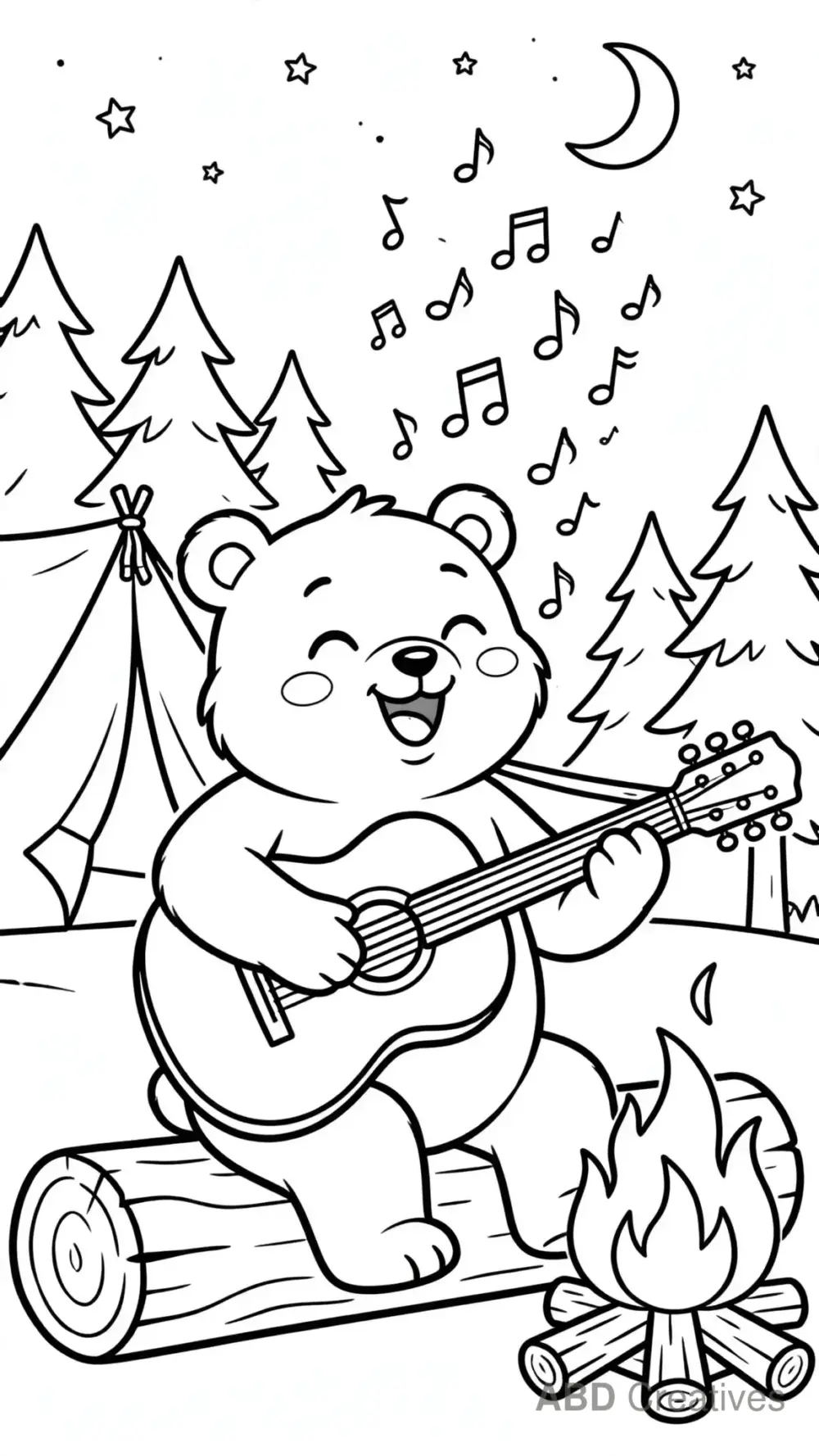 Bear Playing Guitar by a Campfire Coloring Page
