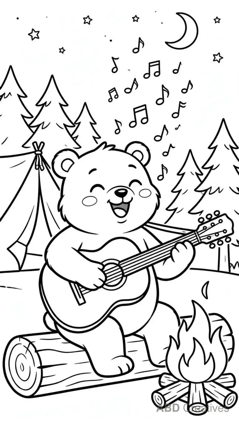 Bear Playing Guitar by a Campfire Coloring Page