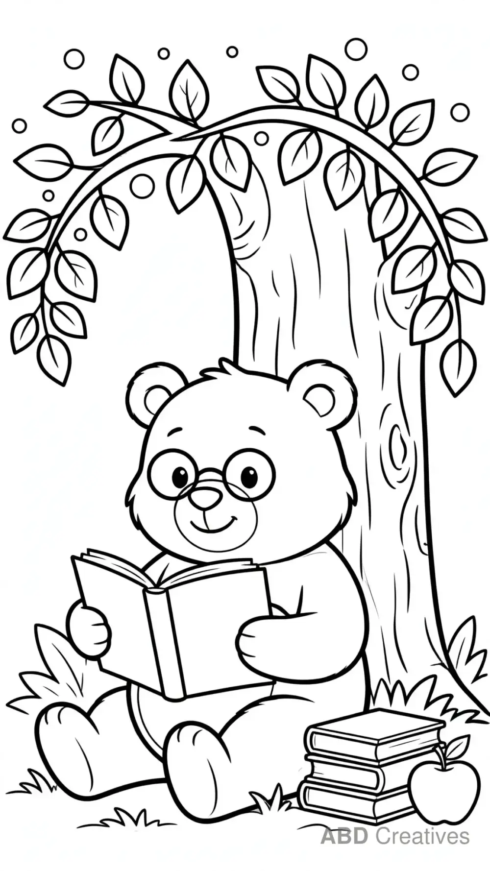 Bear Reading a Book Under a Tree Coloring Page
